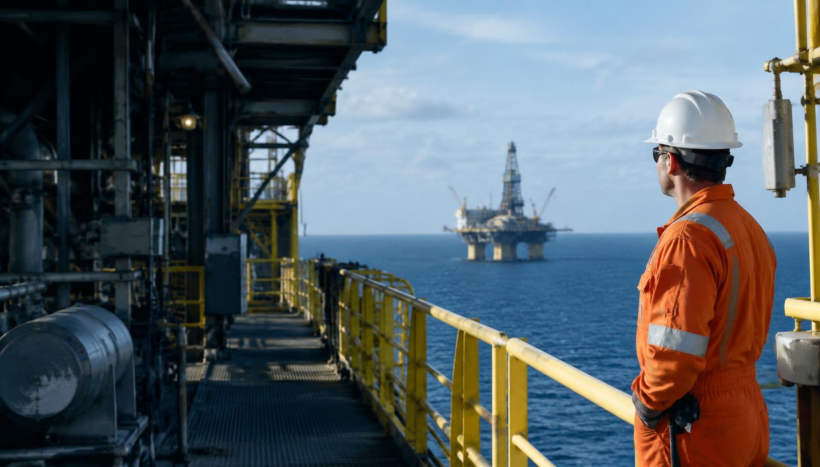 A worker in orange coveralls and a white hard hat looks towards an offshore platform from a yellow-railed walkway.